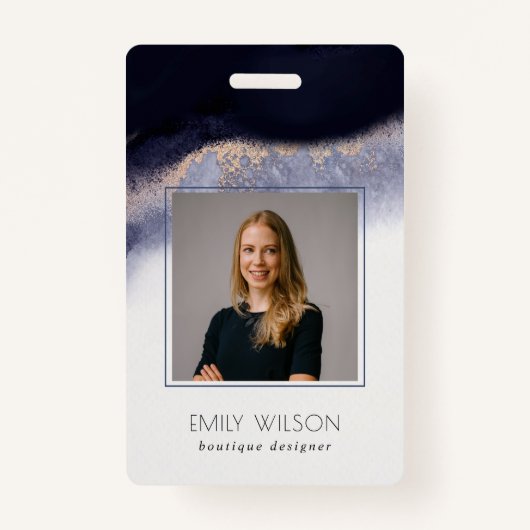 Abstracte Navy Black Gold Waterverf Was foto Badge (Voorkant)