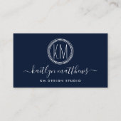 Abstracte Navy Blauw & Witte Cirkels Monongram Visitekaartje (Voorkant)