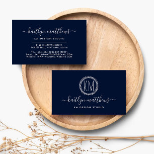 Abstracte Navy Blauw & Witte Cirkels Monongram Visitekaartje