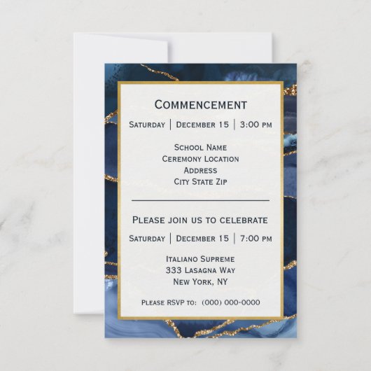 Abstracte Navy Blue Agate Waterverf Afstuderen Aankondiging (Achterkant)