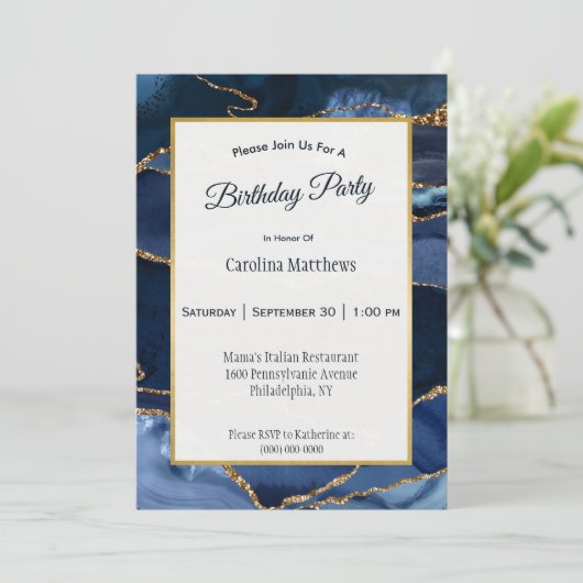 Abstracte Navy Blue Agate Waterverf Verjaardag Kaart (Staand voorkant)