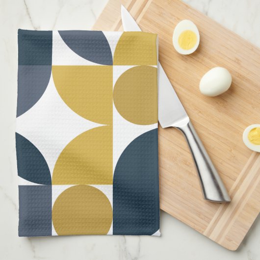Abstracte Navy Mosterd Geometrische Patroon Theedoek (Quarter Fold)