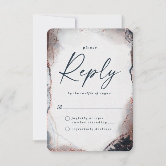 Abstracte Navy & Roos Gold Wedding RSVP Reply Kaar (Voorkant)