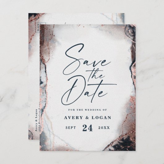Abstracte Navy & Roos Gold Wedding Save The Date Aankondigingskaart (Voorkant / Achterkant)