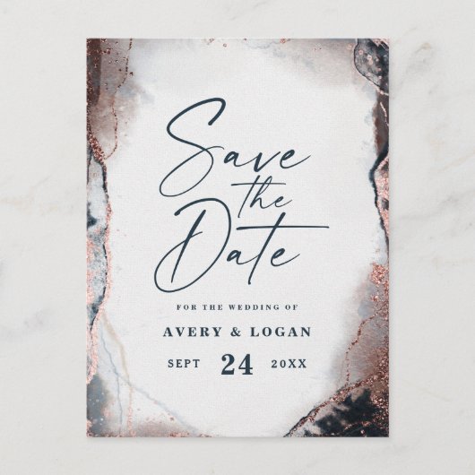 Abstracte Navy & Roos Gold Wedding Save The Date Aankondigingskaart (Voorkant)
