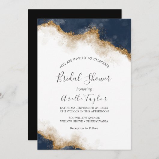 Abstracte Navy Waterverf Bridal Shower Invitation Kaart (Voorkant / Achterkant)