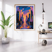 Abstracte Neon City Skyline Sunset Glow Digitale K Foto Afdruk