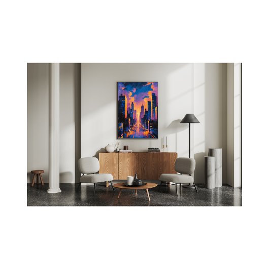 Abstracte Neon City Skyline Sunset Glow Digitale K Foto Afdruk