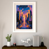 Abstracte Neon City Skyline Sunset Glow Digitale K Foto Afdruk