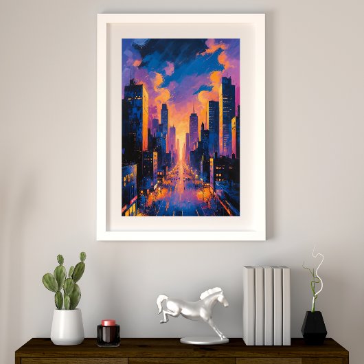 Abstracte Neon City Skyline Sunset Glow Digitale K Foto Afdruk
