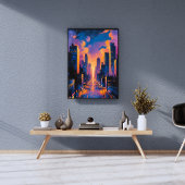 Abstracte Neon City Skyline Sunset Glow Digitale K Foto Afdruk