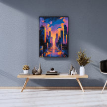 Abstracte Neon City Skyline Sunset Glow Digitale K