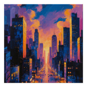 Abstracte Neon City Skyline Sunset Glow Digitale K Perfect Poster