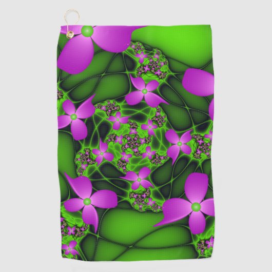 Abstracte Neon Pink Green Fractal Art Flowers Golfhanddoek (Voorkant)