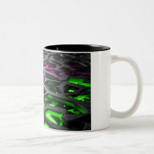 Abstracte neon roze groene cyberpunk 3D mesh Tweekleurige Koffiemok