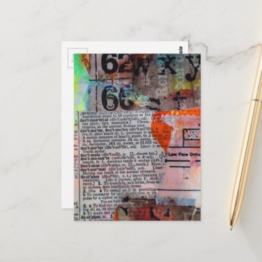 Abstracte nummers letters grunge collage briefkaart (Voorkant / Achterkant in situ)