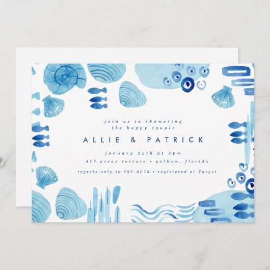 Abstracte Oceaan Blauwe Schelp Koppels Bruidsdouch Kaart (Voorkant / Achterkant)