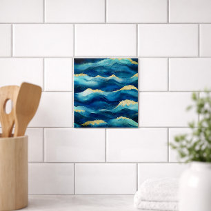 Abstracte Oceaan Golven Blauw en Goud Aquarel  Tegeltje