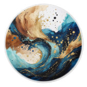Abstracte Oceaan Waterverf – Aardse Blues en Goud Keramische Knop (Voorkant)
