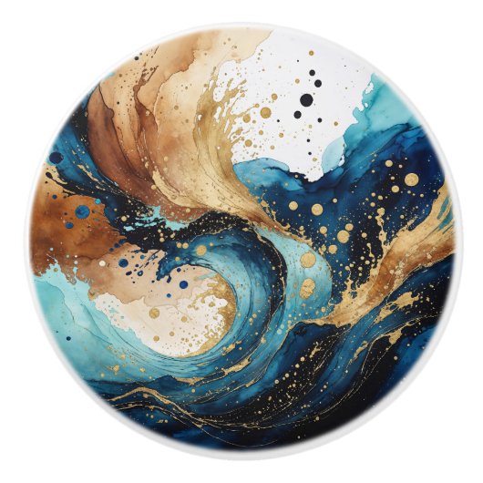Abstracte Oceaan Waterverf – Aardse Blues en Goud Keramische Knop (Voorkant)