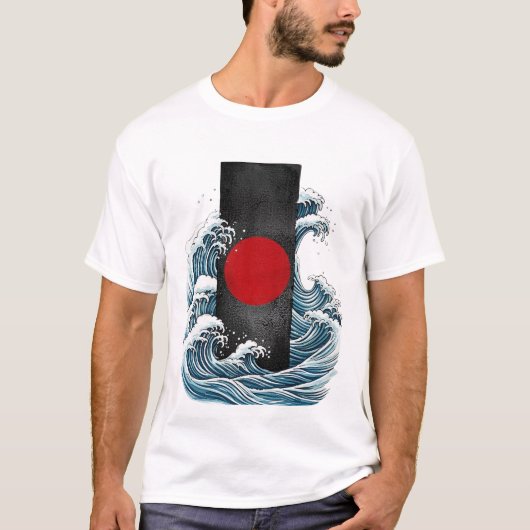 Abstracte oceaangolf en rode cirkel kunst t-shirt (Voorkant)