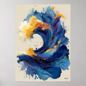 Abstracte oceaangolf vloeibare kunst blauw goud vl poster (Voorkant)