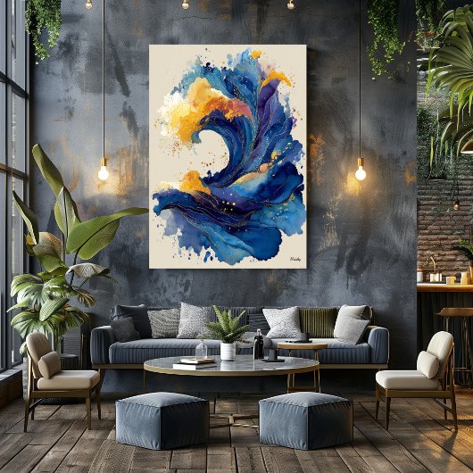 Abstracte oceaangolf vloeibare kunst blauw goud vl poster