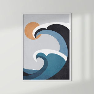 Abstracte oceaangolven en zon poster