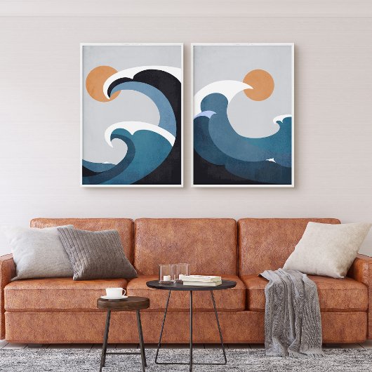 Abstracte oceaangolven en zon poster