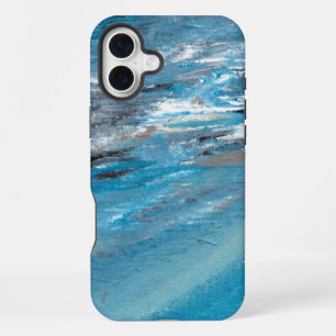 Abstracte oceaangolven in blauwe en grijze penseel iPhone 16 plus hoesje