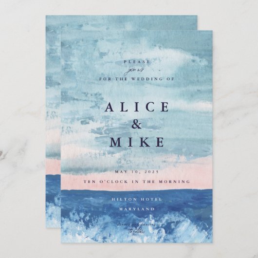 Abstracte Ocean Blue Waterverf Achtergrond Invitat Kaart (Voorkant / Achterkant)