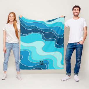 Abstracte Ocean Blue Waves Monogram Beach Fleece Deken