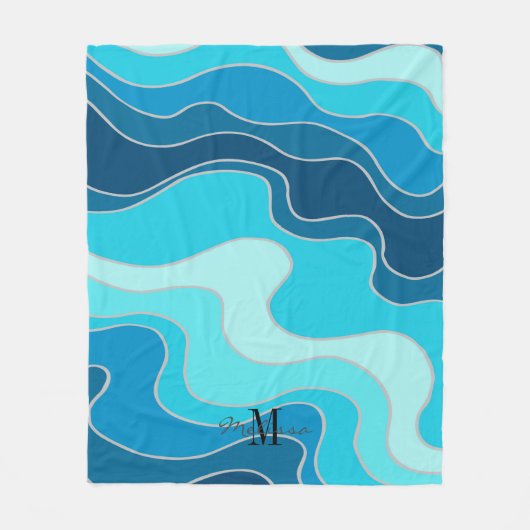 Abstracte Ocean Blue Waves Monogram Beach Fleece Deken (Voorkant)