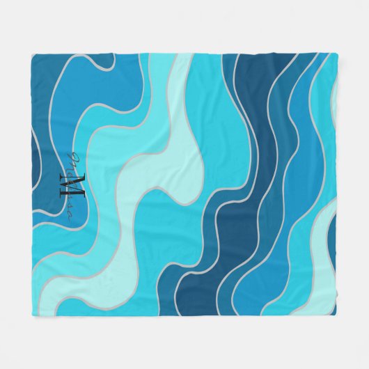 Abstracte Ocean Blue Waves Monogram Beach Fleece Deken (Voorkant (Horizontaal))