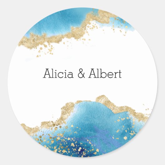 Abstracte Ocean Gold en Blue Custom Name Wedding Ronde Sticker (Voorkant)