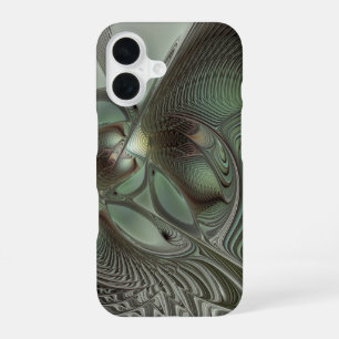 Abstracte olijf salie groene grijze fractal kunst iPhone 16 hoesje