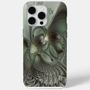 Abstracte olijf salie groene grijze fractale initi iPhone 15 pro max case