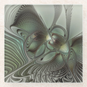 Abstracte olijf salie groene grijze fractale kunst glazen onderzetter