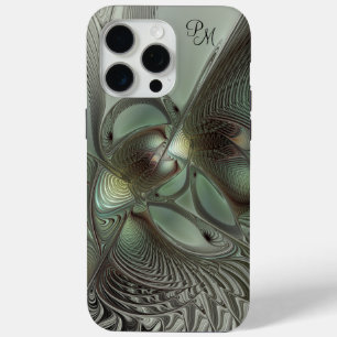 Abstracte Olijfsalie Groen Grijs Fractal Initialen iPhone 15 Pro Max Hoesje