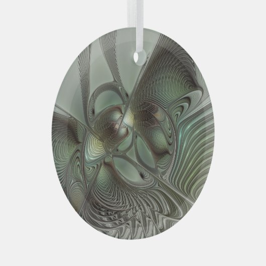 Abstracte Olijfwijze Groen Grijs Fractal Art Fanta Glas Ornament (Voorkant Rechts)