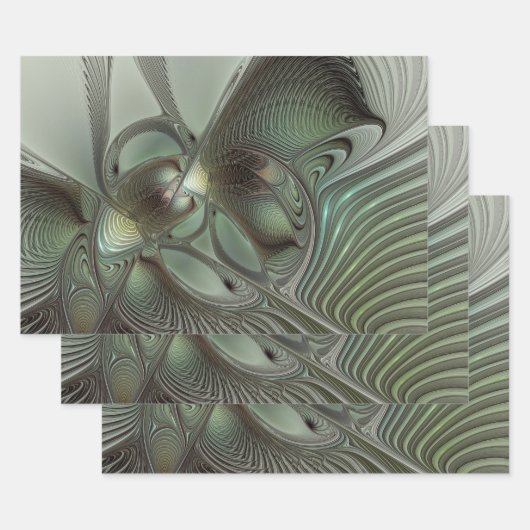 Abstracte Olijfwijze Groen Grijs Fractal Art Fanta Inpakpapier Vel (Set)