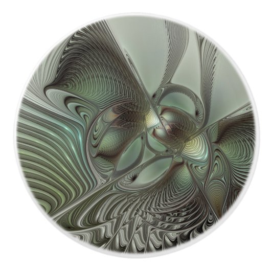 Abstracte Olijfwijze Groen Grijs Fractal Art Fanta Keramische Knop (Voorkant)