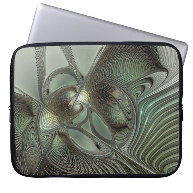 Abstracte Olijfwijze Groen Grijs Fractal Art Fanta Laptop Sleeve (Voorkant)