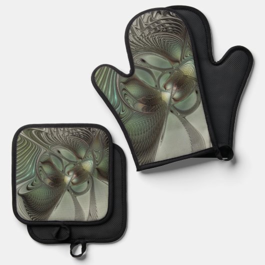Abstracte Olijfwijze Groen Grijs Fractal Art Fanta Ovenwant & Pannenlap Set (Voorkant / Achterkant)