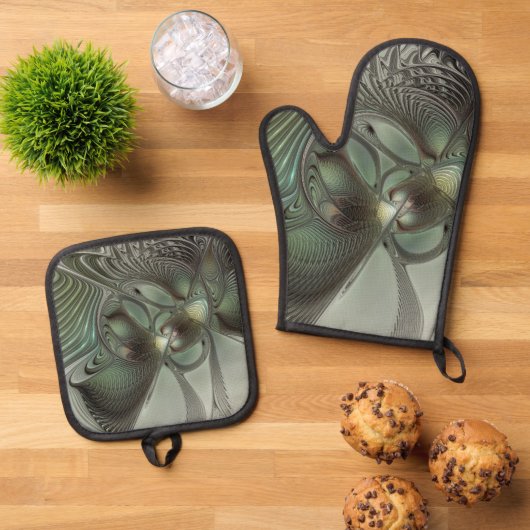 Abstracte Olijfwijze Groen Grijs Fractal Art Fanta Ovenwant & Pannenlap Set (Top down)