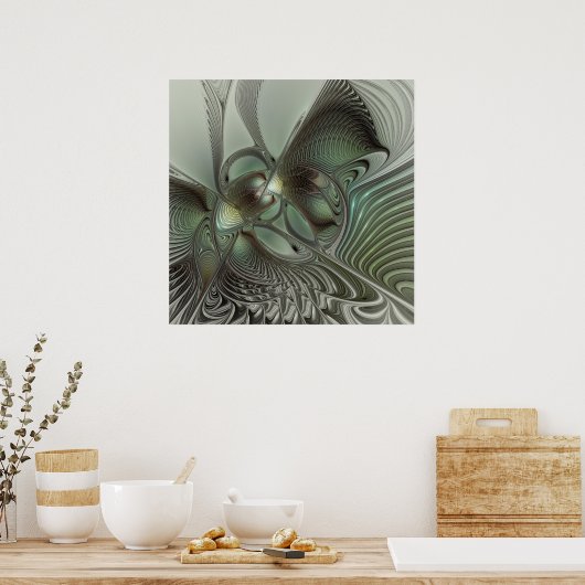 Abstracte Olijfwijze Groen Grijs Fractal Art Fanta Poster (Keuken)