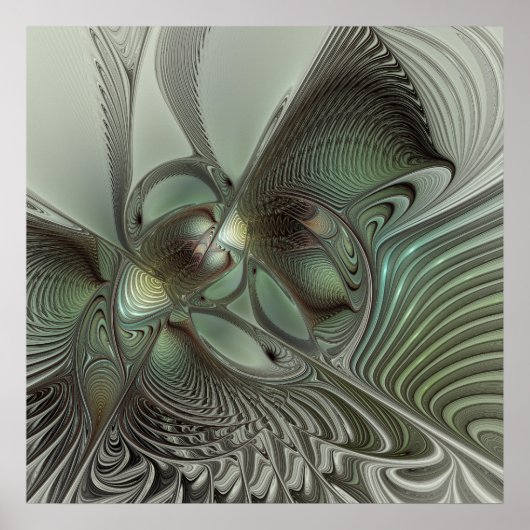 Abstracte Olijfwijze Groen Grijs Fractal Art Fanta Poster (Voorkant)