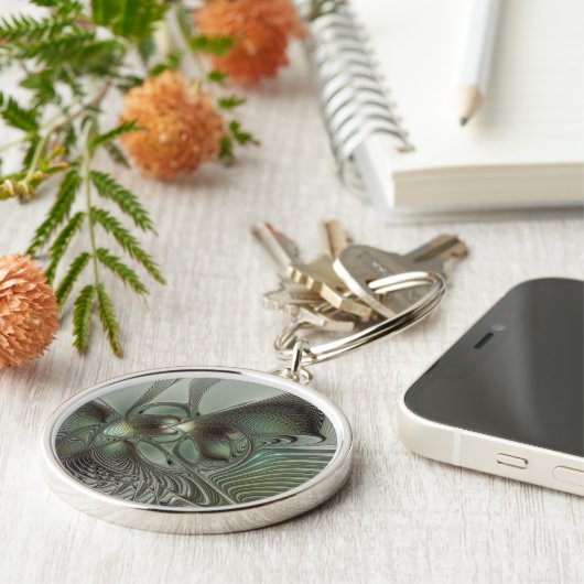 Abstracte Olijfwijze Groen Grijs Fractal Art Fanta Sleutelhanger (Zijkant)