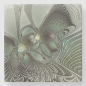 Abstracte Olijfwijze Groen Grijs Fractal Art Fanta Stenen Onderzetter (Voorkant)