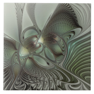 Abstracte Olijfwijze Groen Grijs Fractal Art Fanta Tegeltje